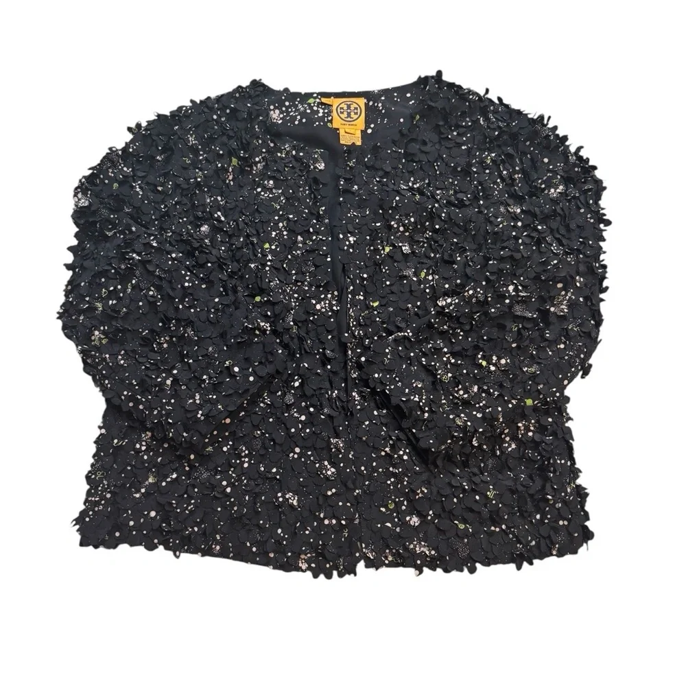 🖤 Tory Burch Silk Textured Petal Blazer Jacket Size 6‎ Black Rare 🖤